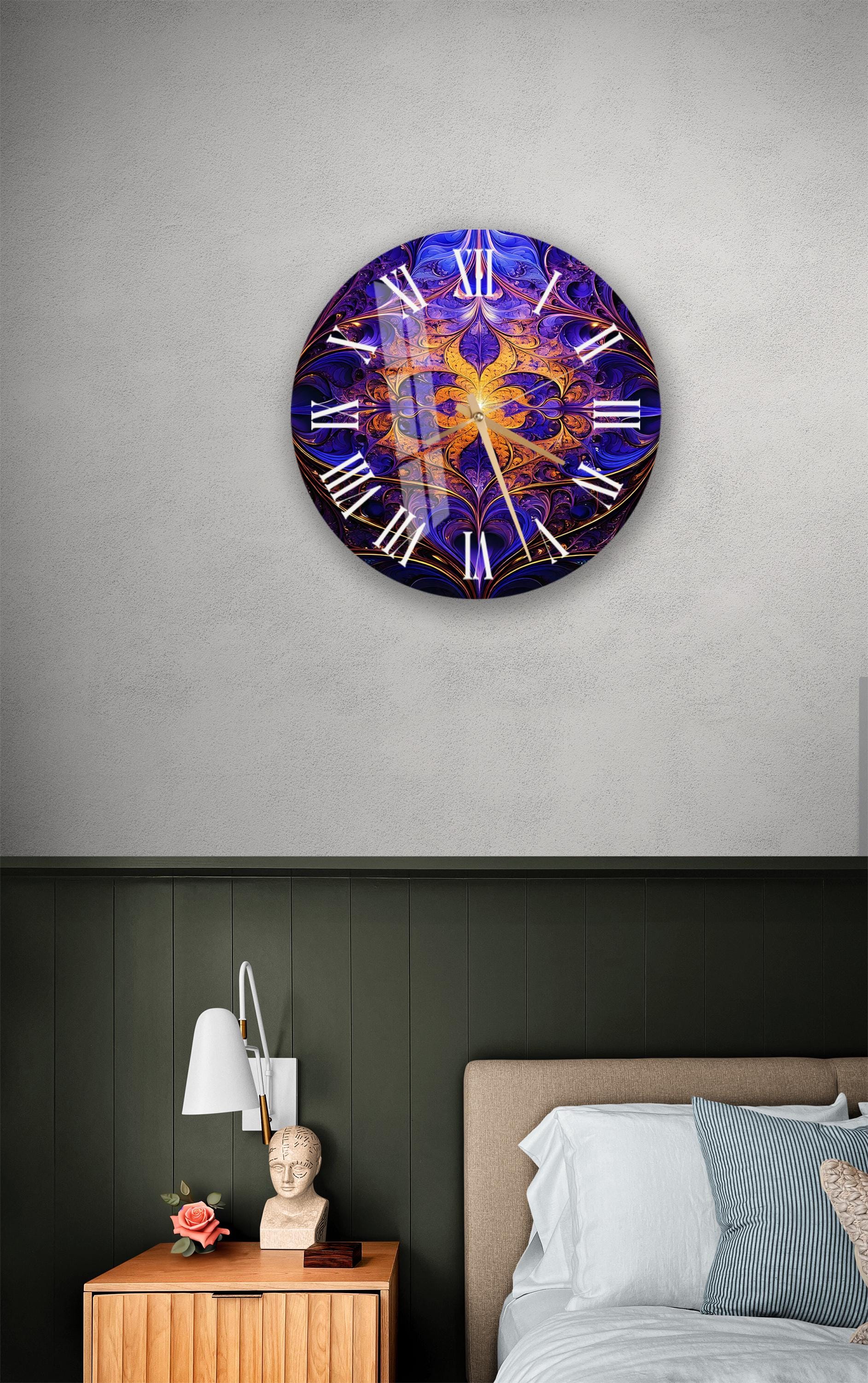 a bedroom with a bed and a large clock on the wall