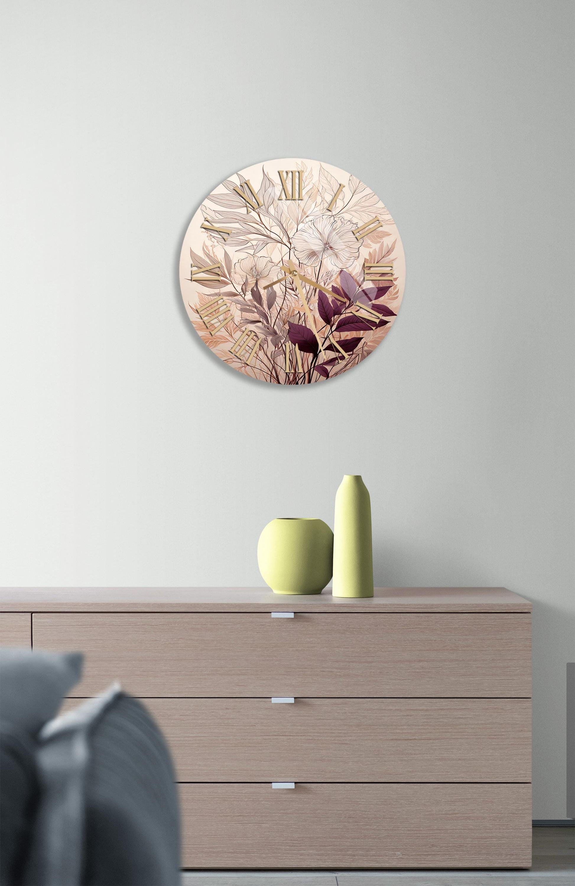 a clock on a wall above a dresser