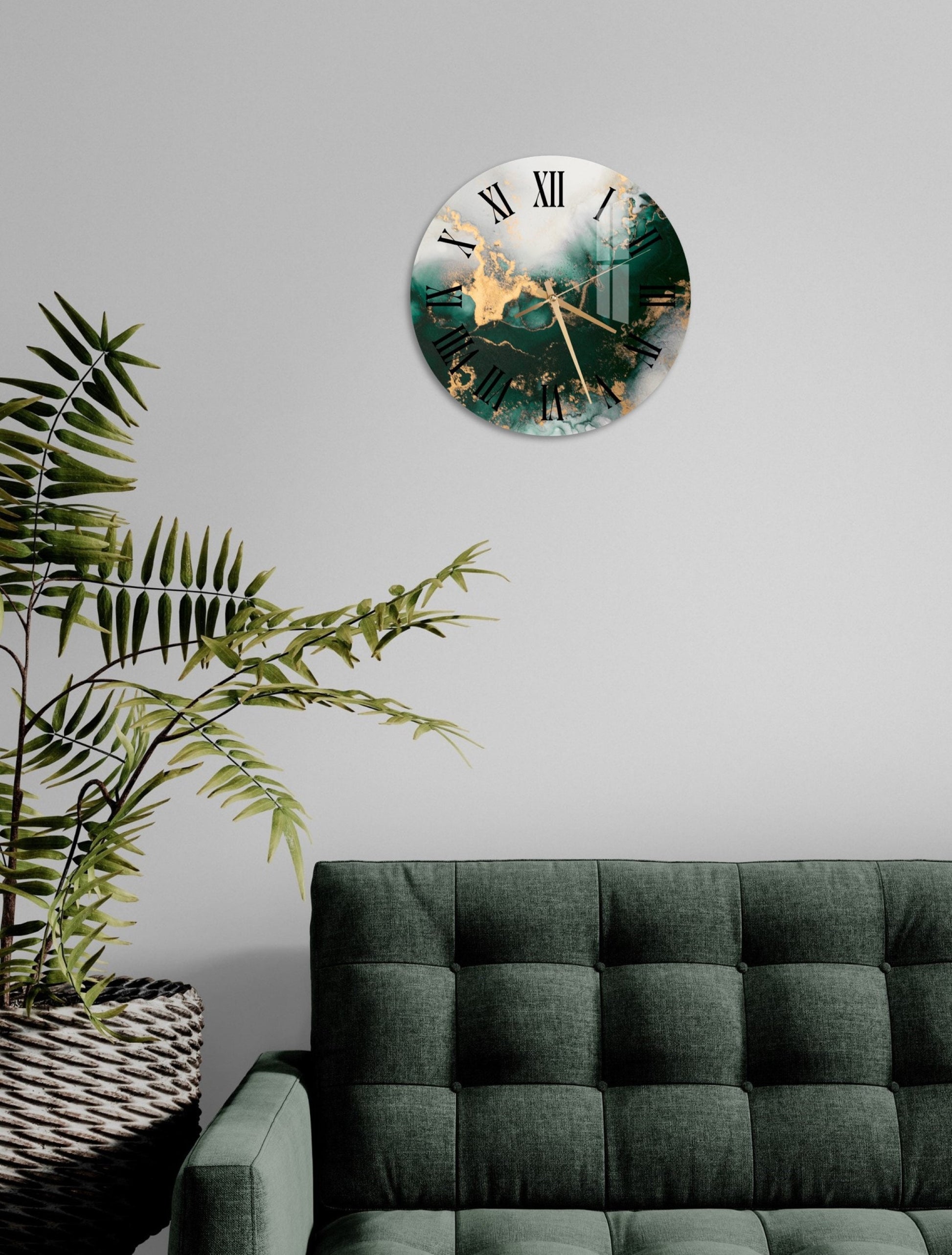 a living room with a couch and a clock on the wall
