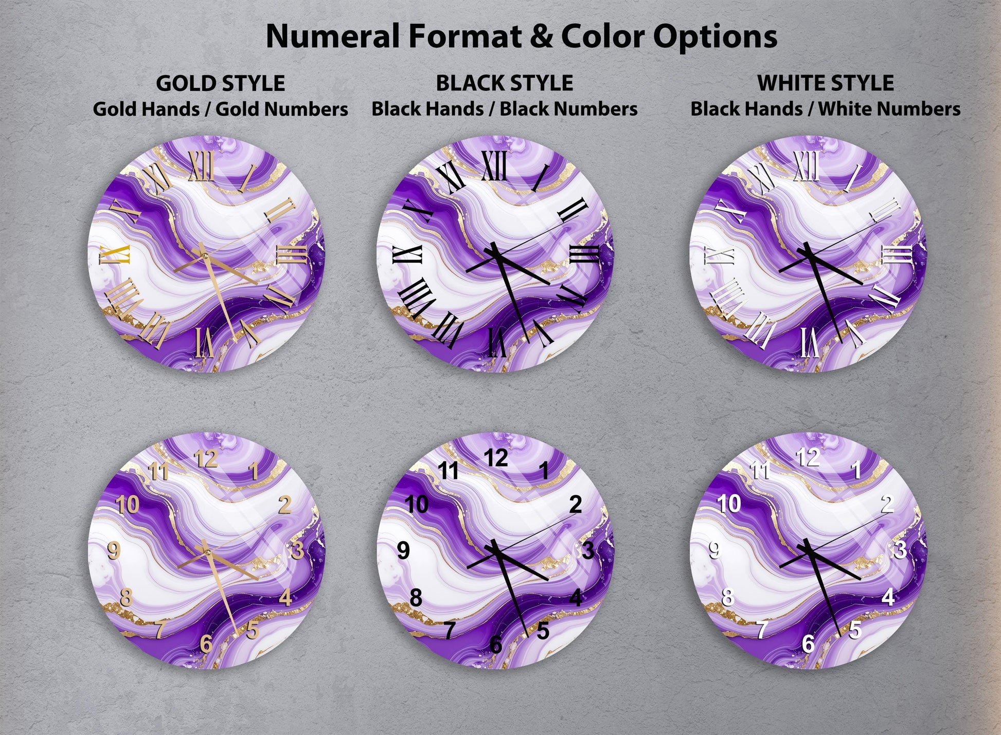a collection of six round wall clocks with different styles and color options, including gold hands, gold numbers, black hands, black numbers, white hands, and black numbers.
