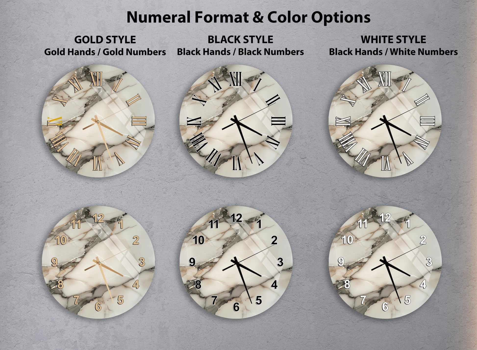 a collection of six different clock designs, each with a unique style and color option. The clocks are arranged in a grid format, with two rows and three columns. The clock designs include a gold style with gold hands and numbers, a black style with black hands and numbers, and a white style with black hands and white numbers.