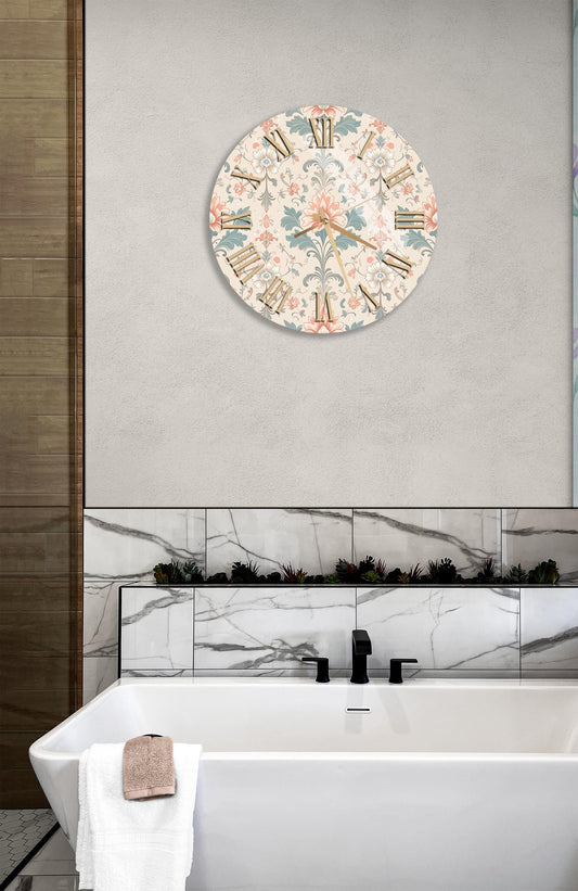 Floral Tempered Glass Clock - Pastel Colored Vintage Style Wall Clock, Silent Sweep