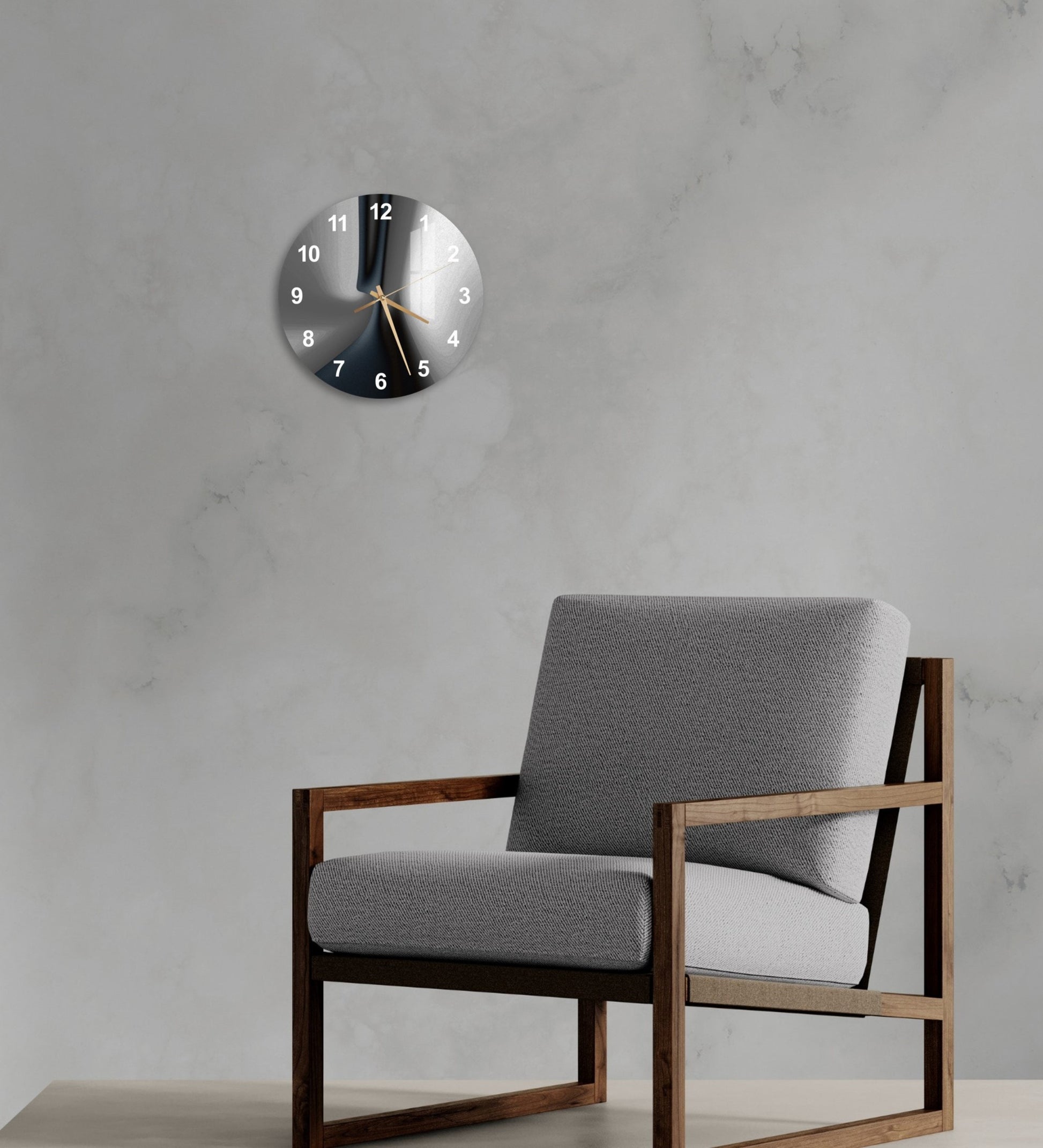 a chair with a clock on the wall above it