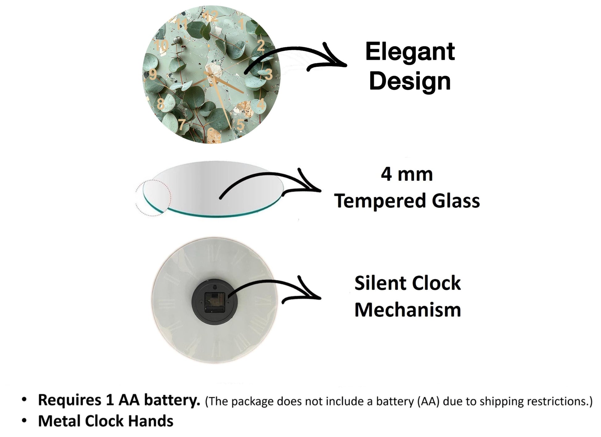 The image is a diagram that illustrates the features of a clock mechanism, including a 4 mm Tempered Glass face, a Silent Clock Mechanism, and Metal Clock Hands.