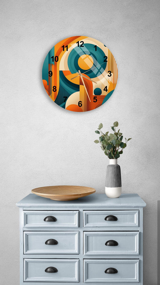 Tempered Glass Wall Clock – Vibrant Orange Boho Art, Silent Modern Decor