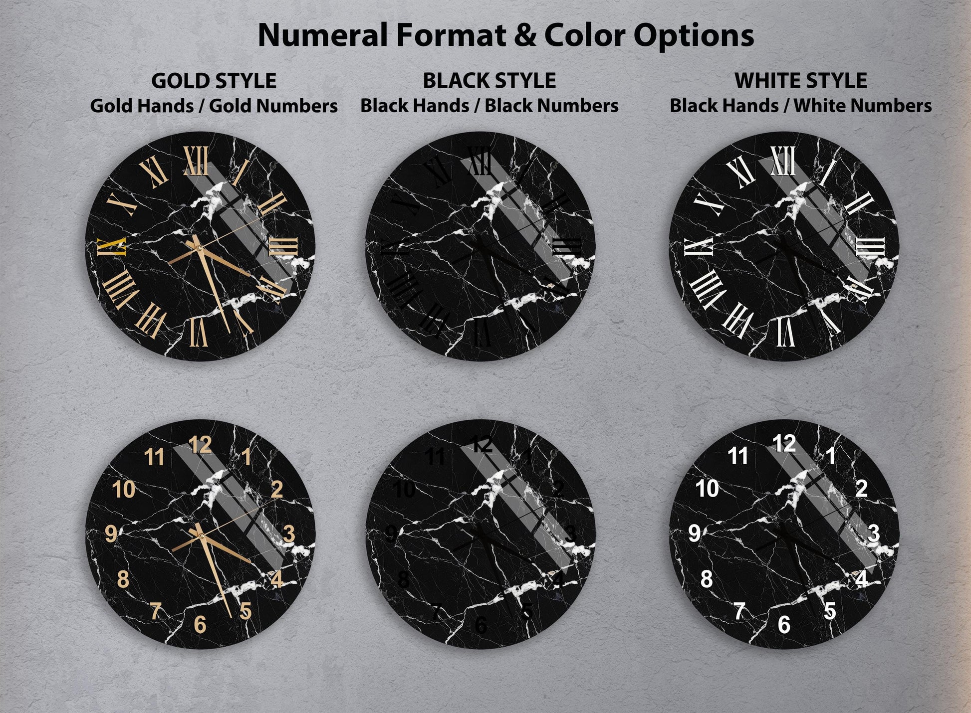 a collection of six clock faces, each with a different color and style, arranged in a grid. The clocks have a marble-like texture and are designed in gold and black colors.