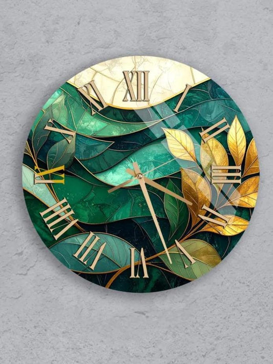 six circular wall clocks with different designs and colors, including green, yellow, and brown elements.