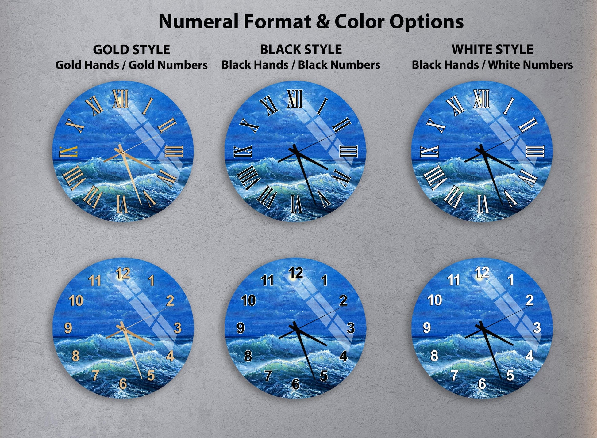 a collection of six wall clocks, each with a different color and style, arranged in a grid. The clocks feature various designs, including a blue ocean scene, a black and white design, and a white and black color scheme.