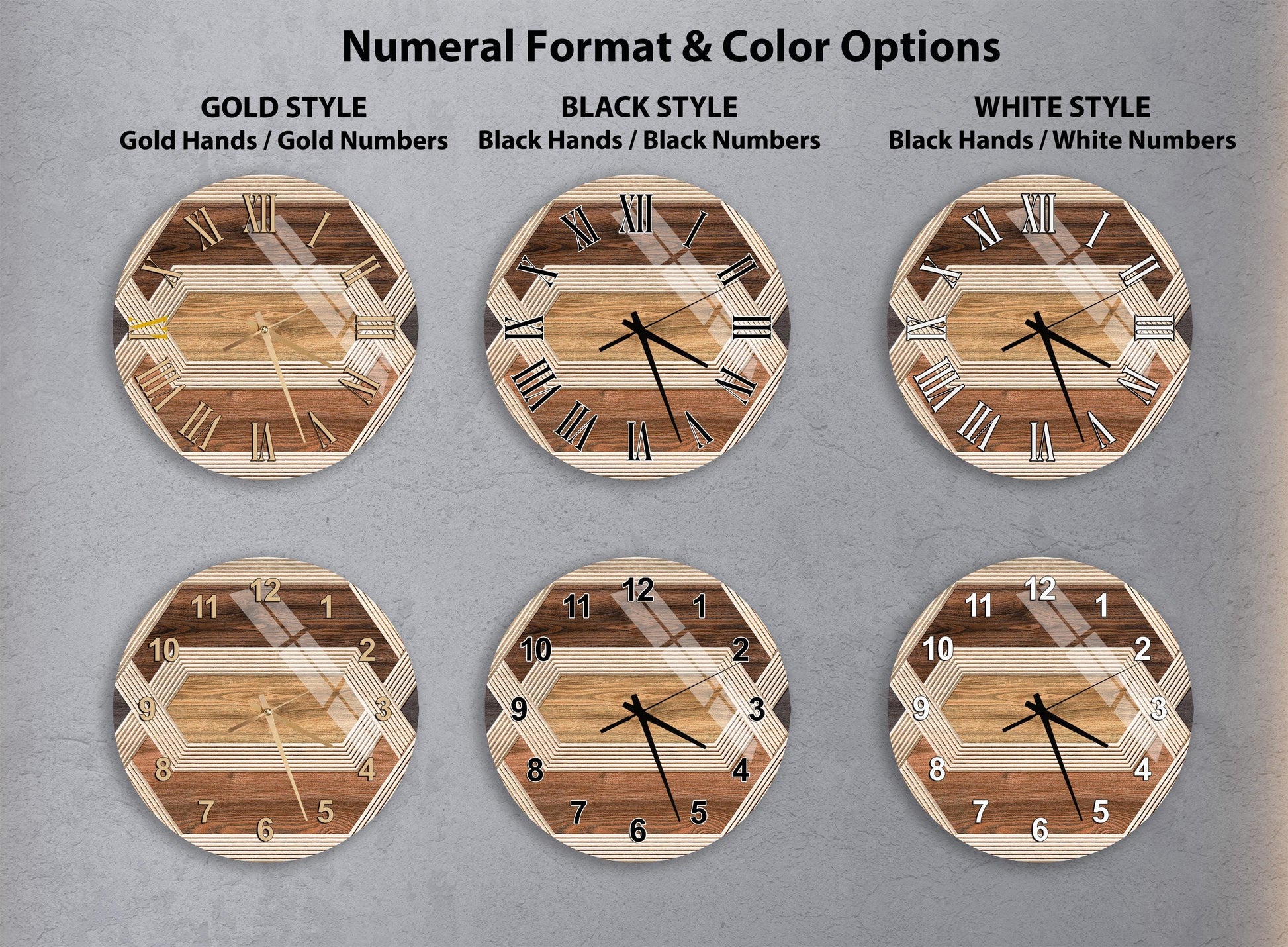 a collection of six different clock designs, each with a unique style and color option. The clocks are arranged in a grid format, showcasing the various styles and color combinations available.