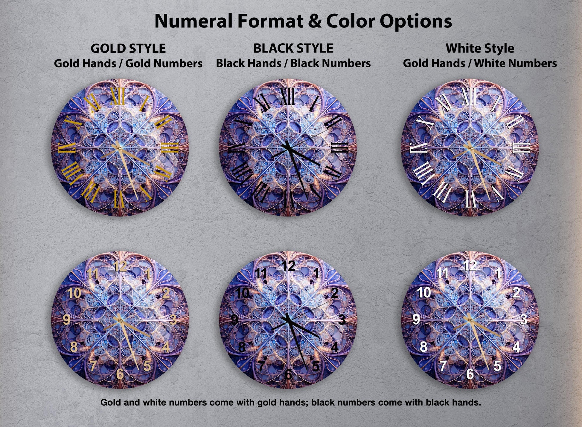a set of four clocks with different designs on them