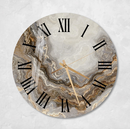 Glass Wall Clock - Marbled Style Tempered Glass | Silent, Scratch Resistant Gold