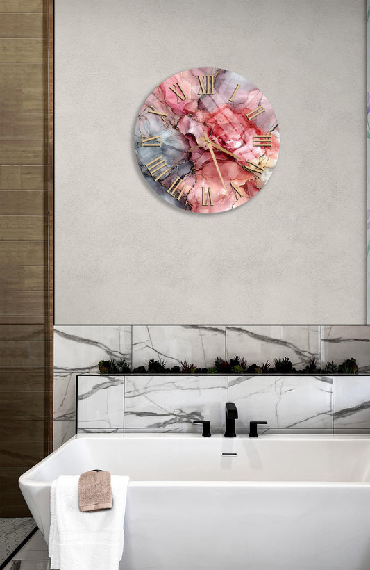 Tempered Glass Wall Clock - Abstract Floral Art Pink Gray Gold Modern Decor