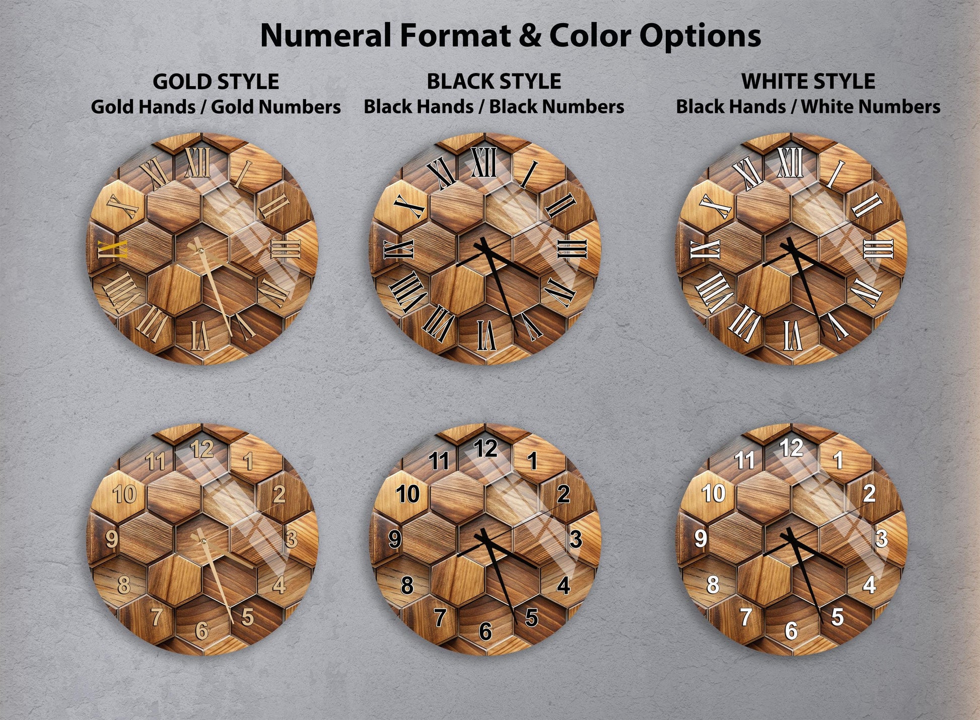 a collection of six different wall clocks, each with a unique design and color scheme. The clocks are arranged in a grid format, with two clocks in each row and two columns. The clocks feature various styles, including gold, black, white, and hexagonal patterns. The clocks are set against a gray background, which highlights their intricate designs and colors.