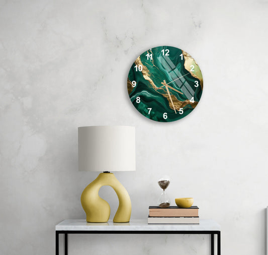 Tempered Glass Wall Clock - Marble Style Abstract Green Gold Decor, Silent Timepiece