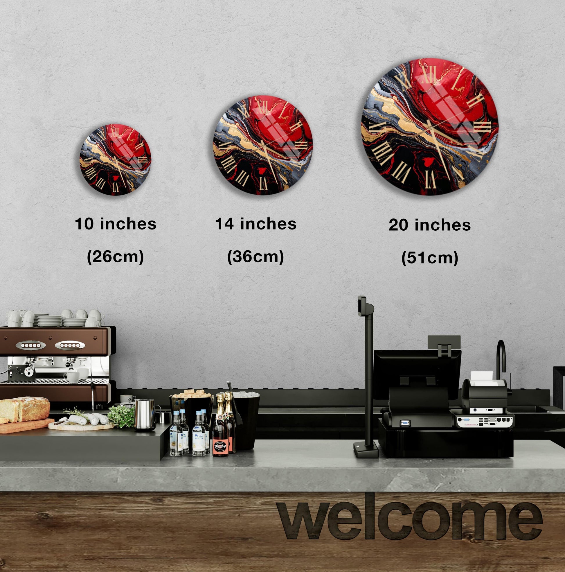 a kitchen counter with three clocks on the wall