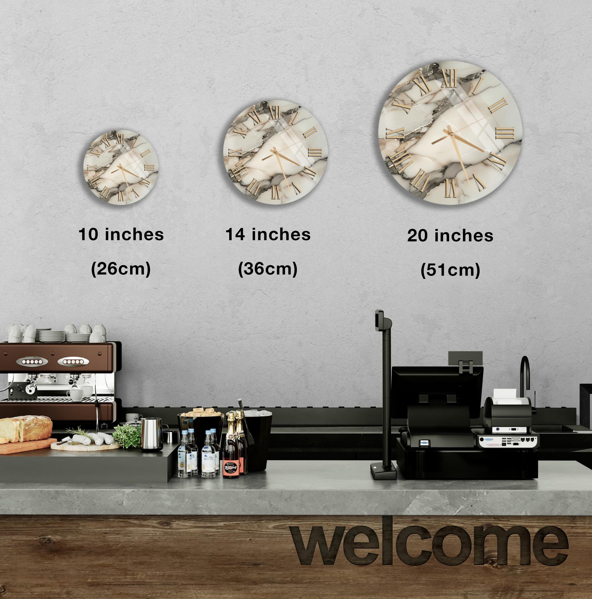a counter with a cash register, a coffee machine, and a sign that says "welcome". There are three different sizes of clocks displayed on the wall above the counter.