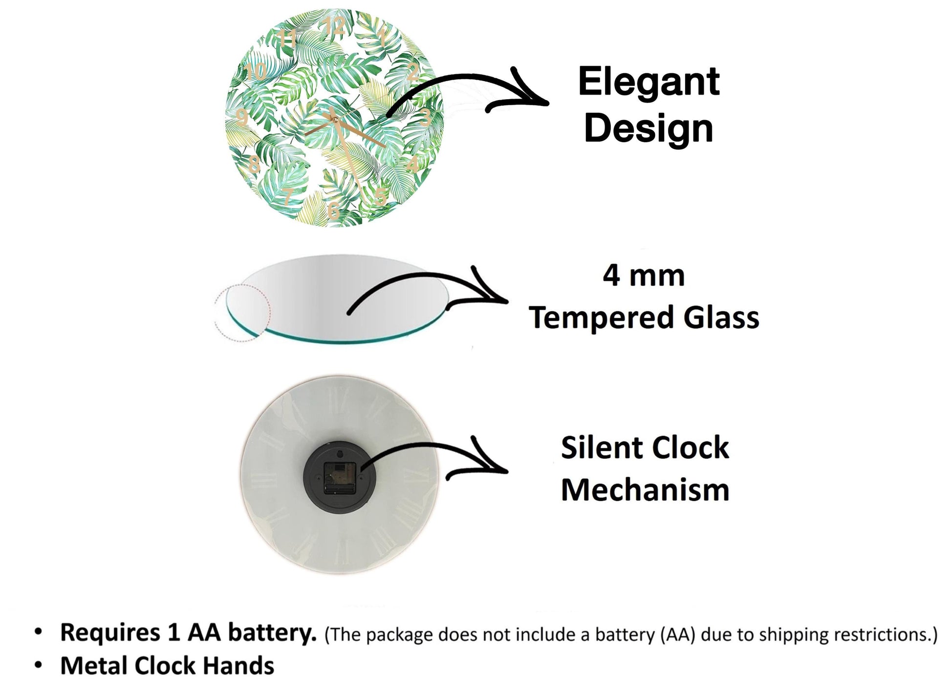 The image is a diagram that illustrates the features of a clock mechanism, including a 4 mm Tempered Glass face, a Silent Clock Mechanism, and Metal Clock Hands.