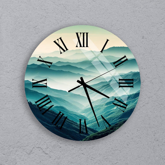 a clock on a wall with mountains in the background