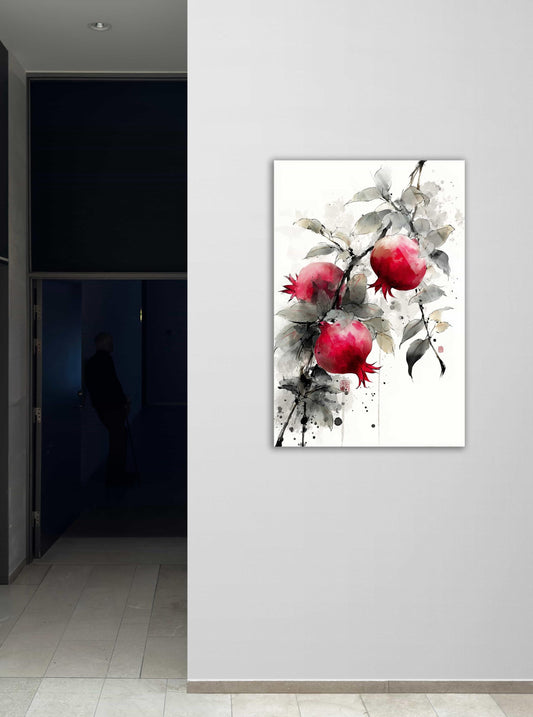 Tempered Glass Wall Art – Pomegranate Watercolor, Japanese Sumi-e Decor Print