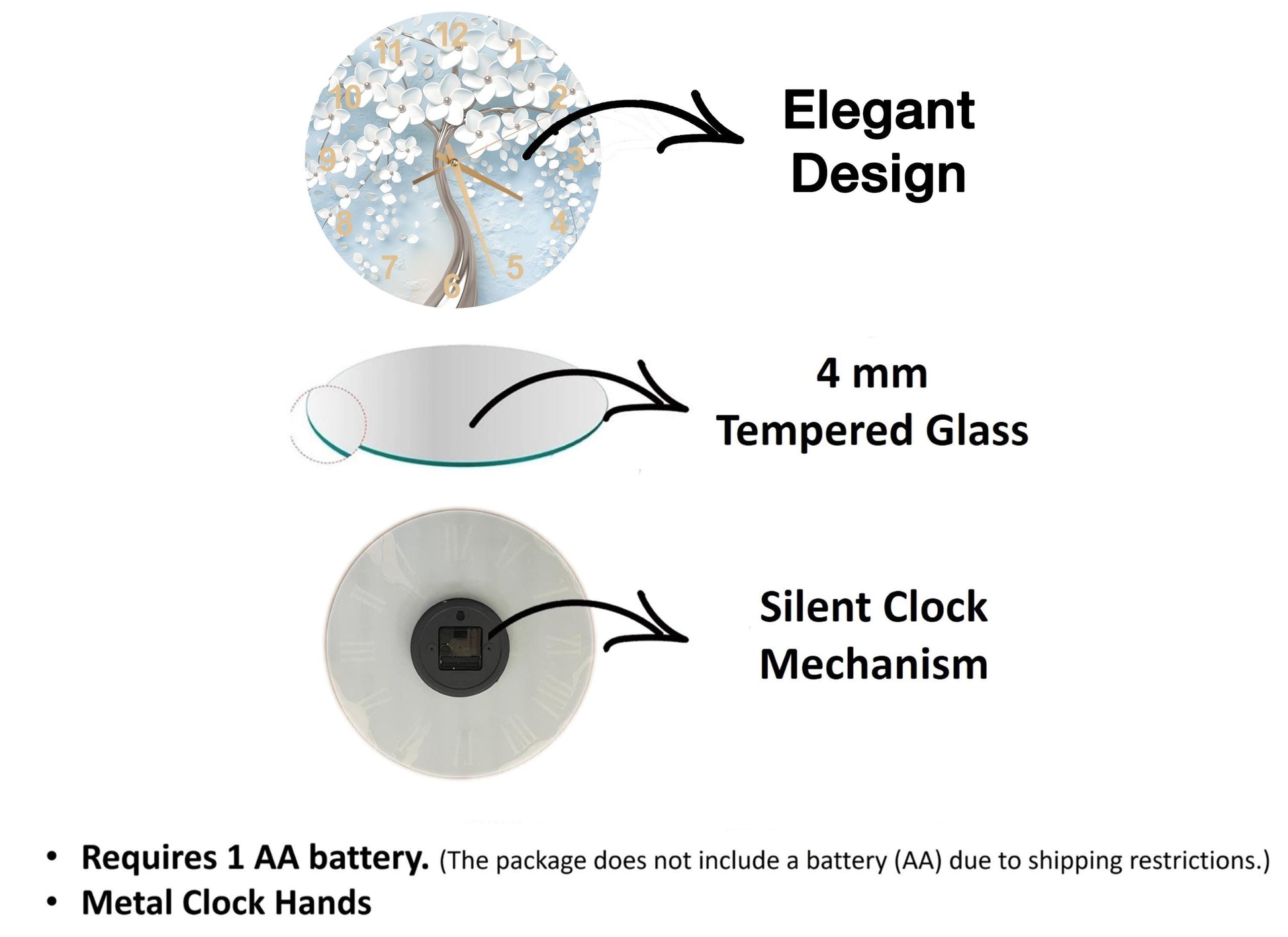 The image is a diagram that illustrates the features of a clock, including its design, materials, and mechanism.