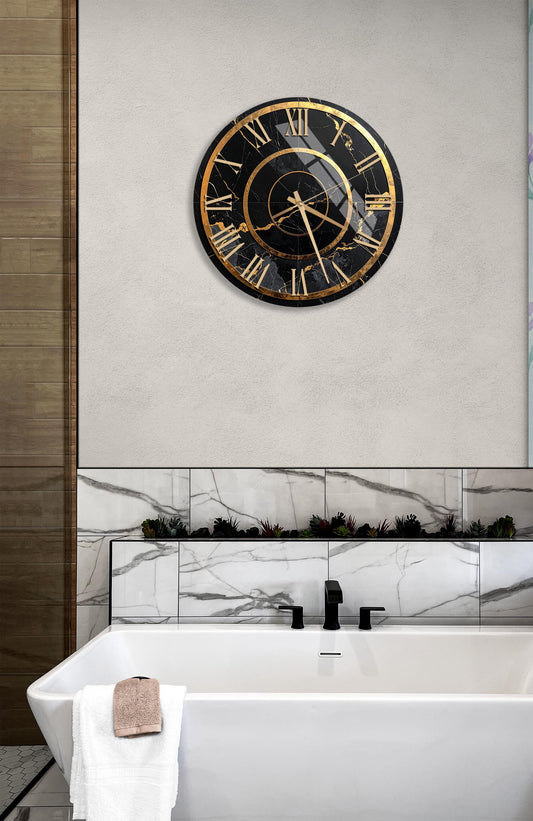 Tempered Glass Wall Clock - Black Marble, Gold Accent | Modern Minimalist Timepiece