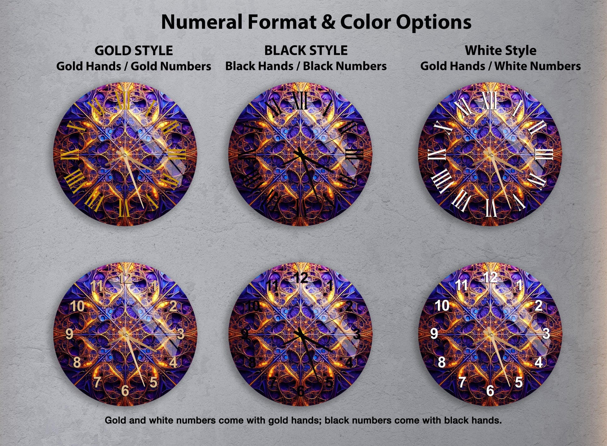 a set of four clocks with different designs on them