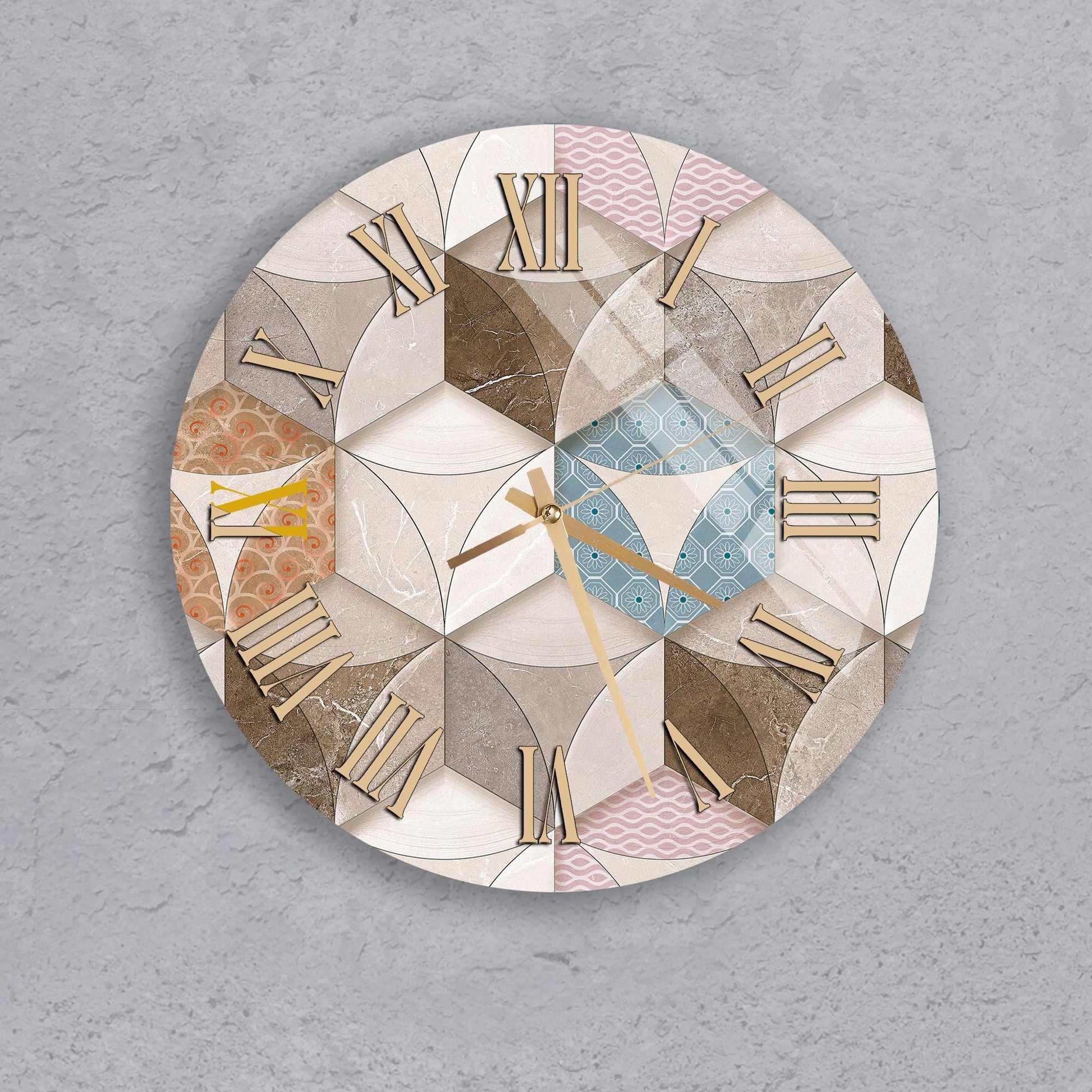A wall clock with a geometric pattern and Roman numerals on its face.
