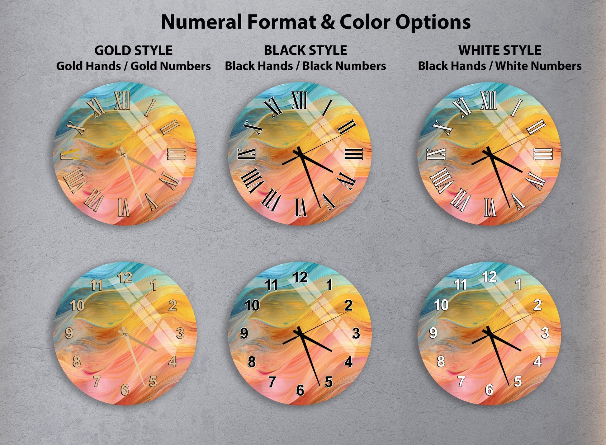 a collection of six wall clocks with different styles and color options, arranged in a grid format.