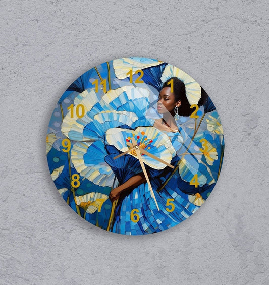 Tempered Glass Wall Clock – Blue Floral Garden Theme | Stylish Silent Decor