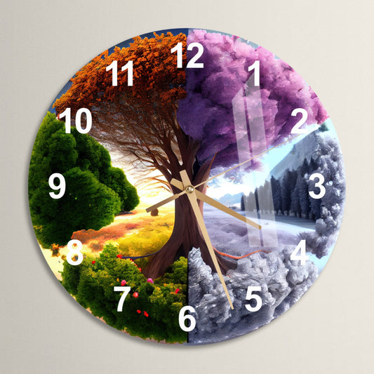 a clock with a picture of a tree in the middle of it
