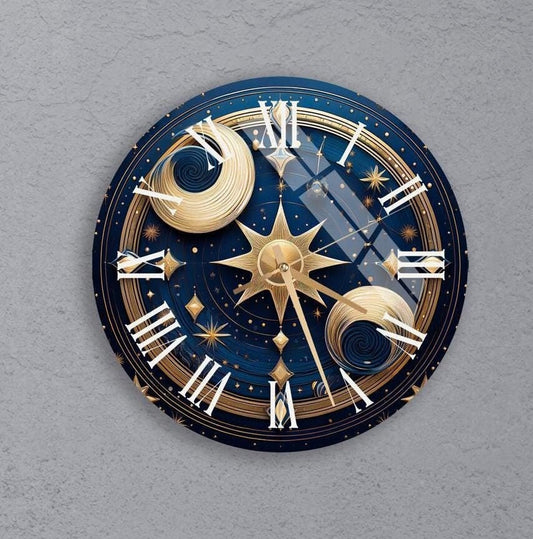 Tempered Glass Wall Clock – Celestial Moon Phases Design | Gold Navy Decor