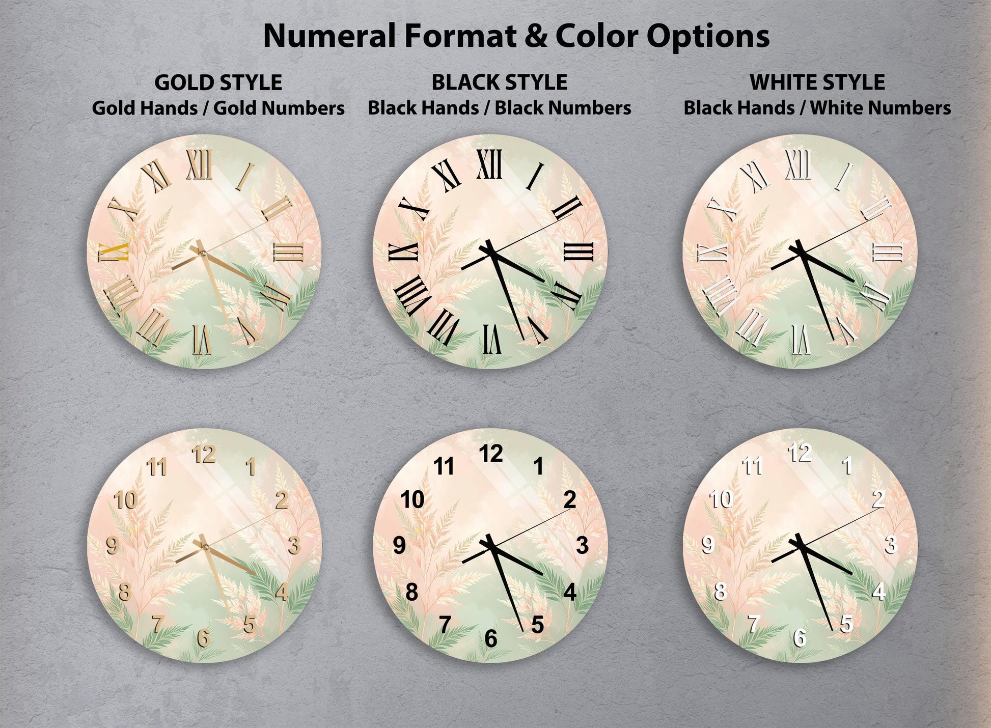 a collection of six wall clocks with different styles and color options, arranged in a grid format.