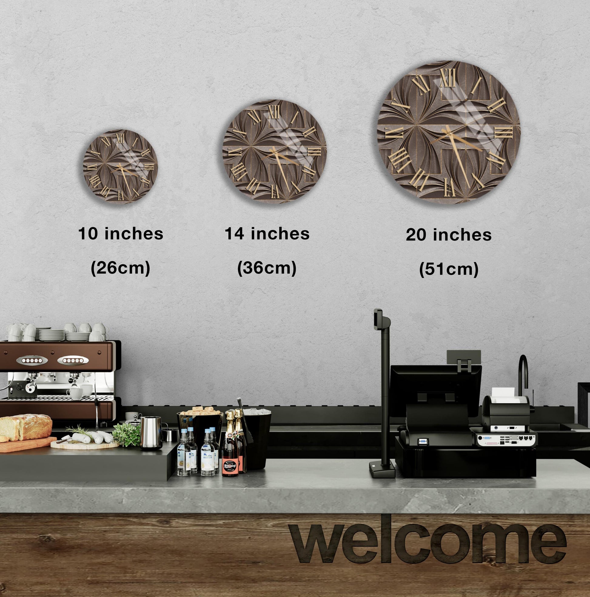 a counter in a restaurant with a welcome sign, and three wall clocks of different sizes are displayed above the counter.