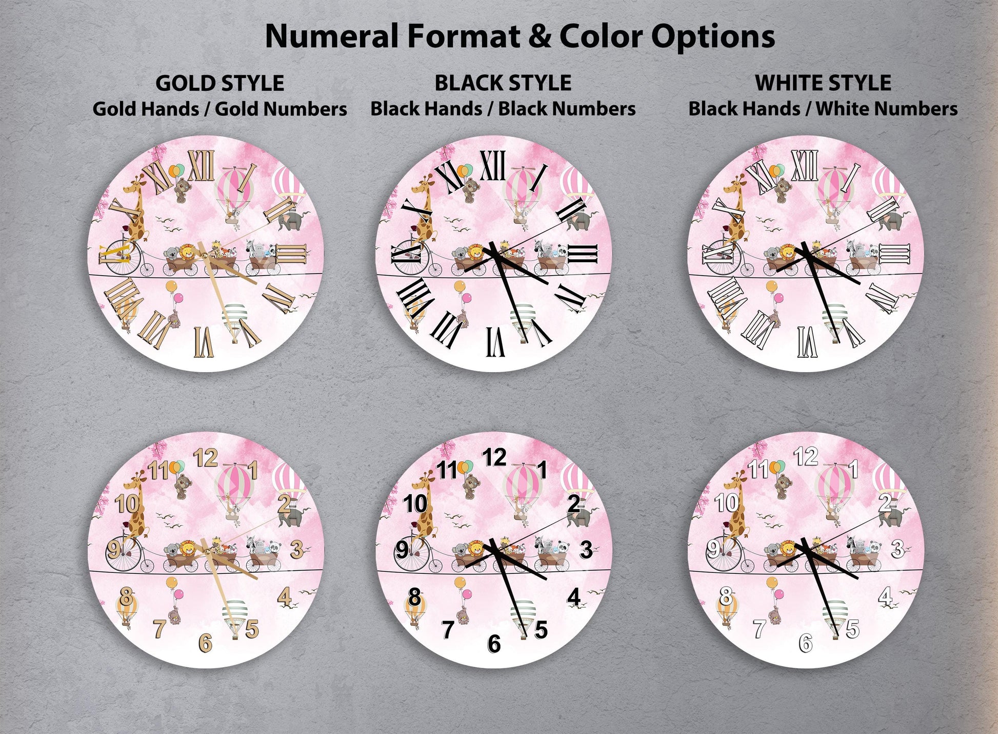 a collection of six round wall clocks with different styles and color options, including gold hands, black hands, black numbers, and white numbers.