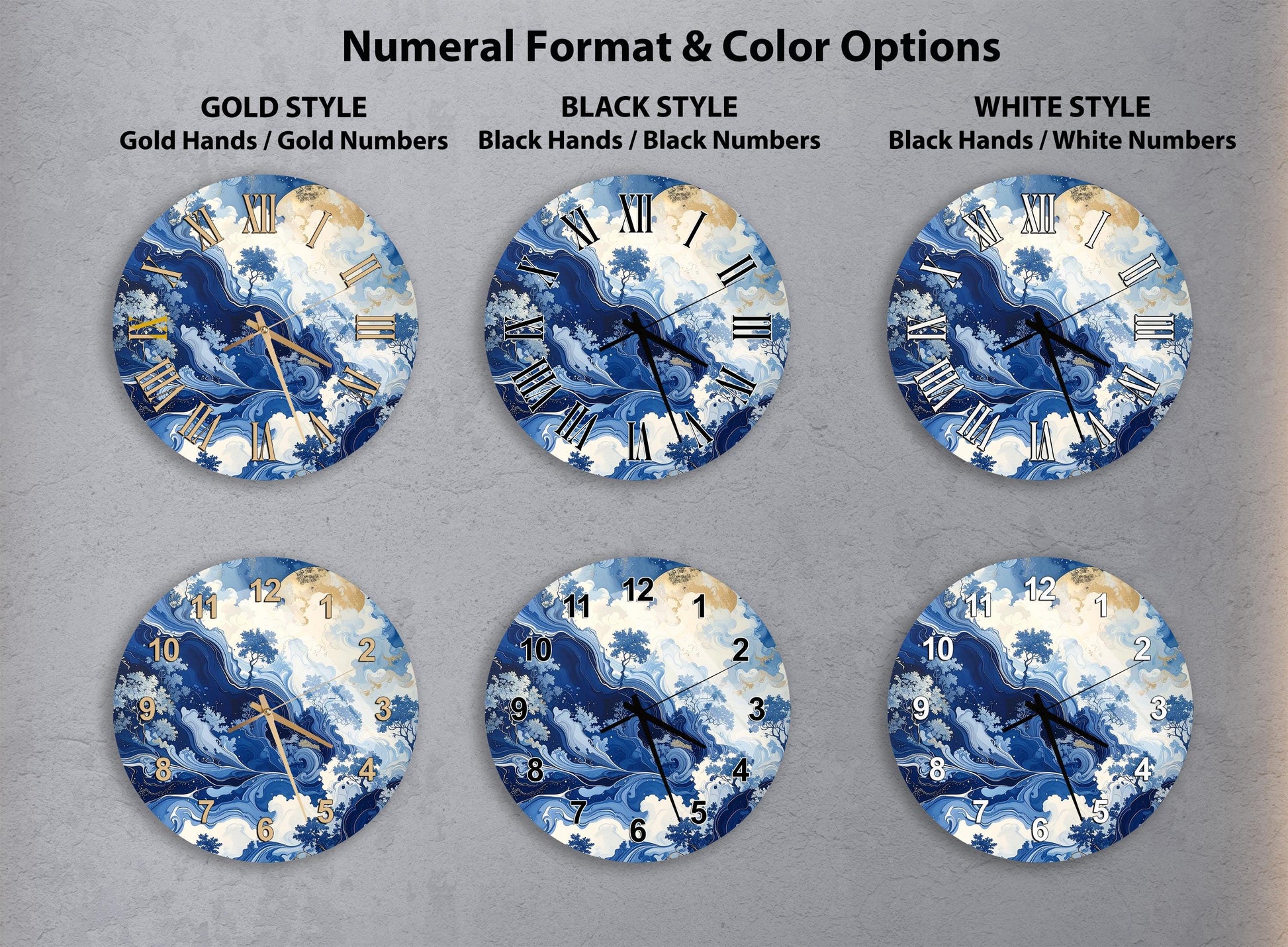 six different clock designs with varying styles and color options.