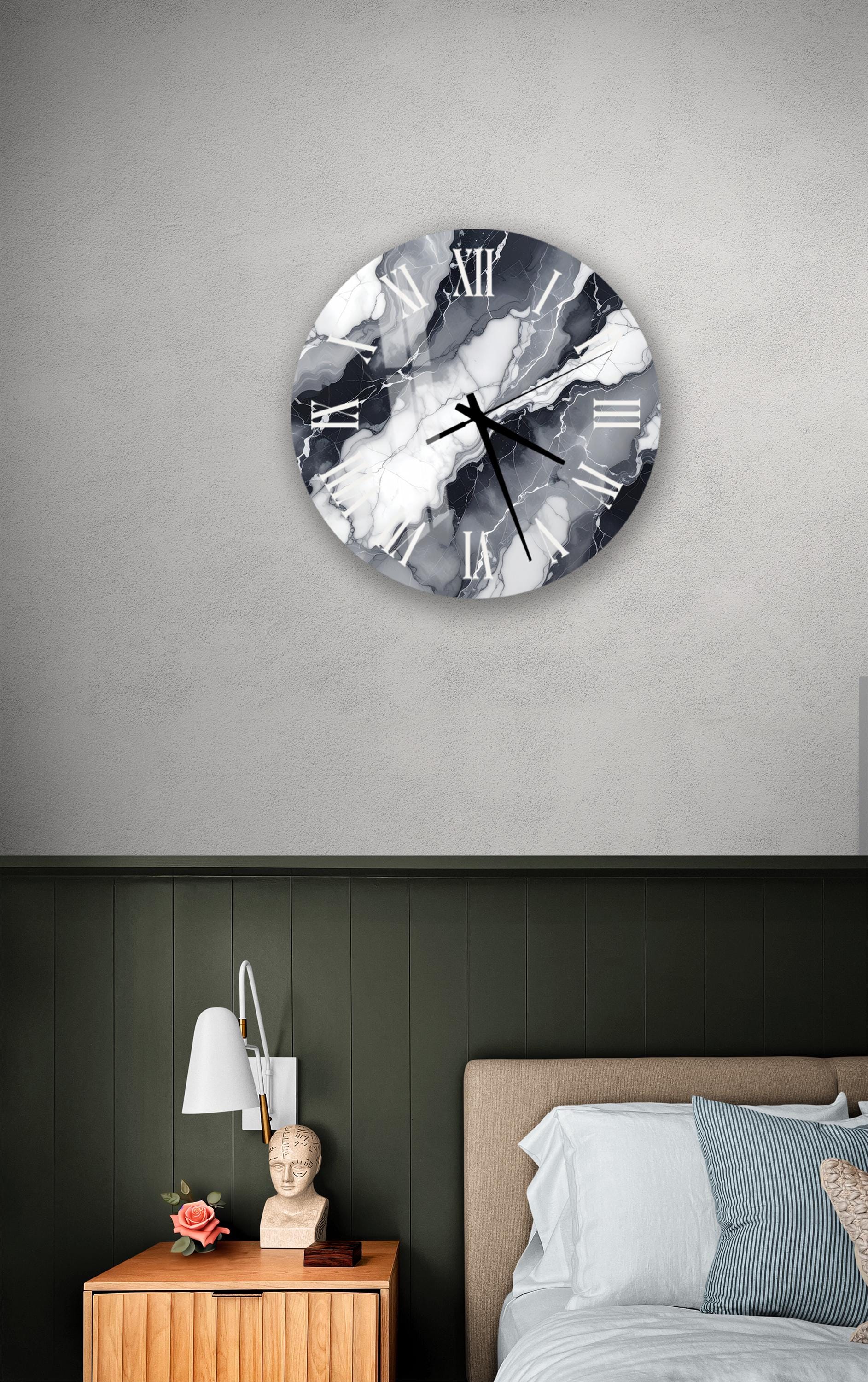 a bedroom setting with a wall clock, a nightstand, and a bed.