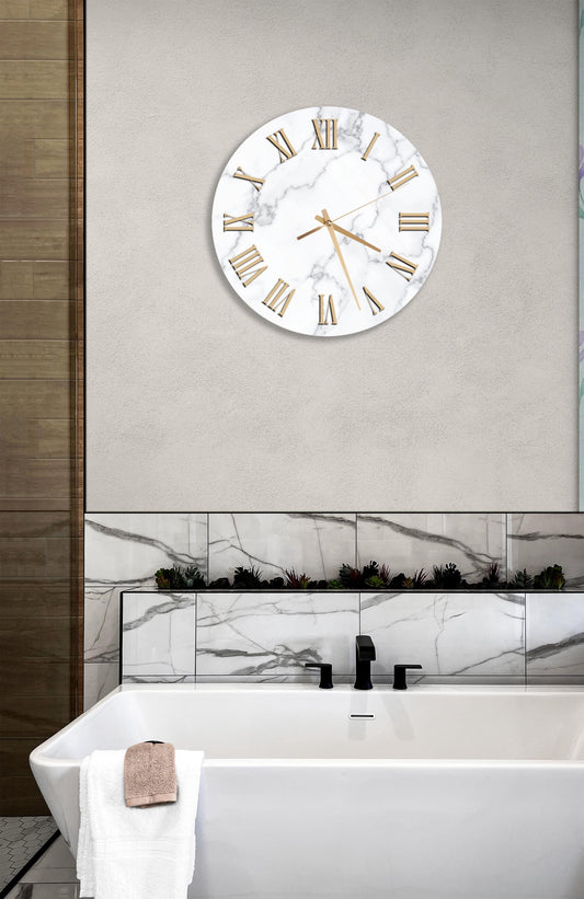Marble Wall Clock – Tempered Glass Clock With Gold Hands | Modern Home Decor