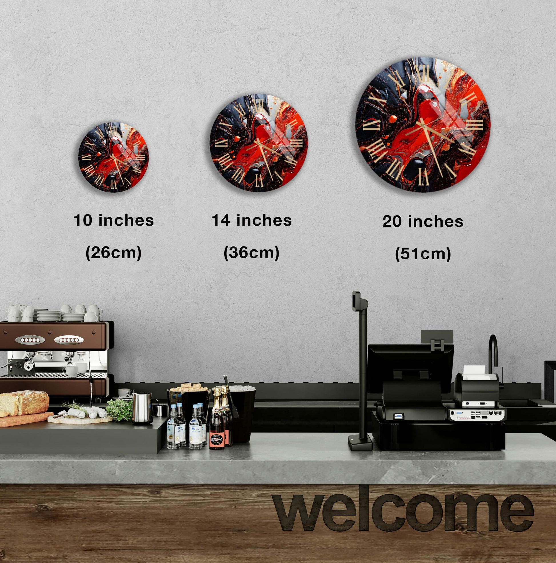 three clocks on the wall of a coffee shop