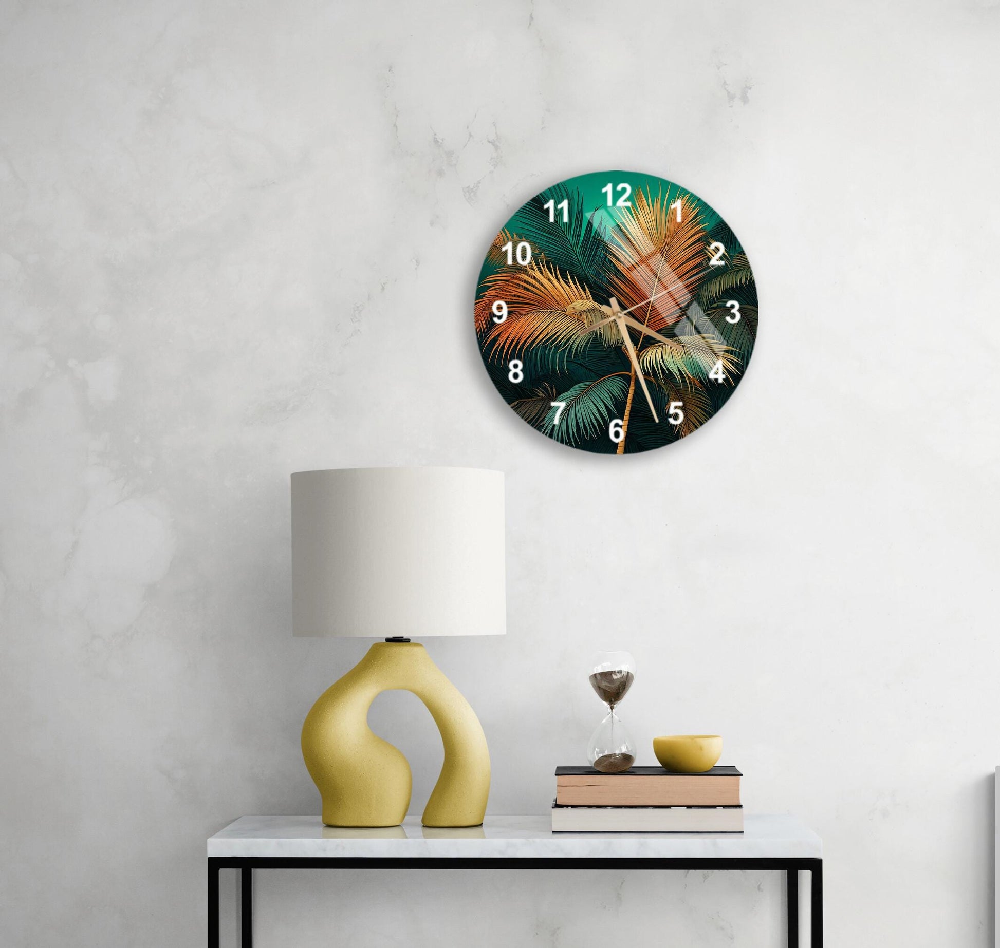 a table with a lamp and a clock on it
