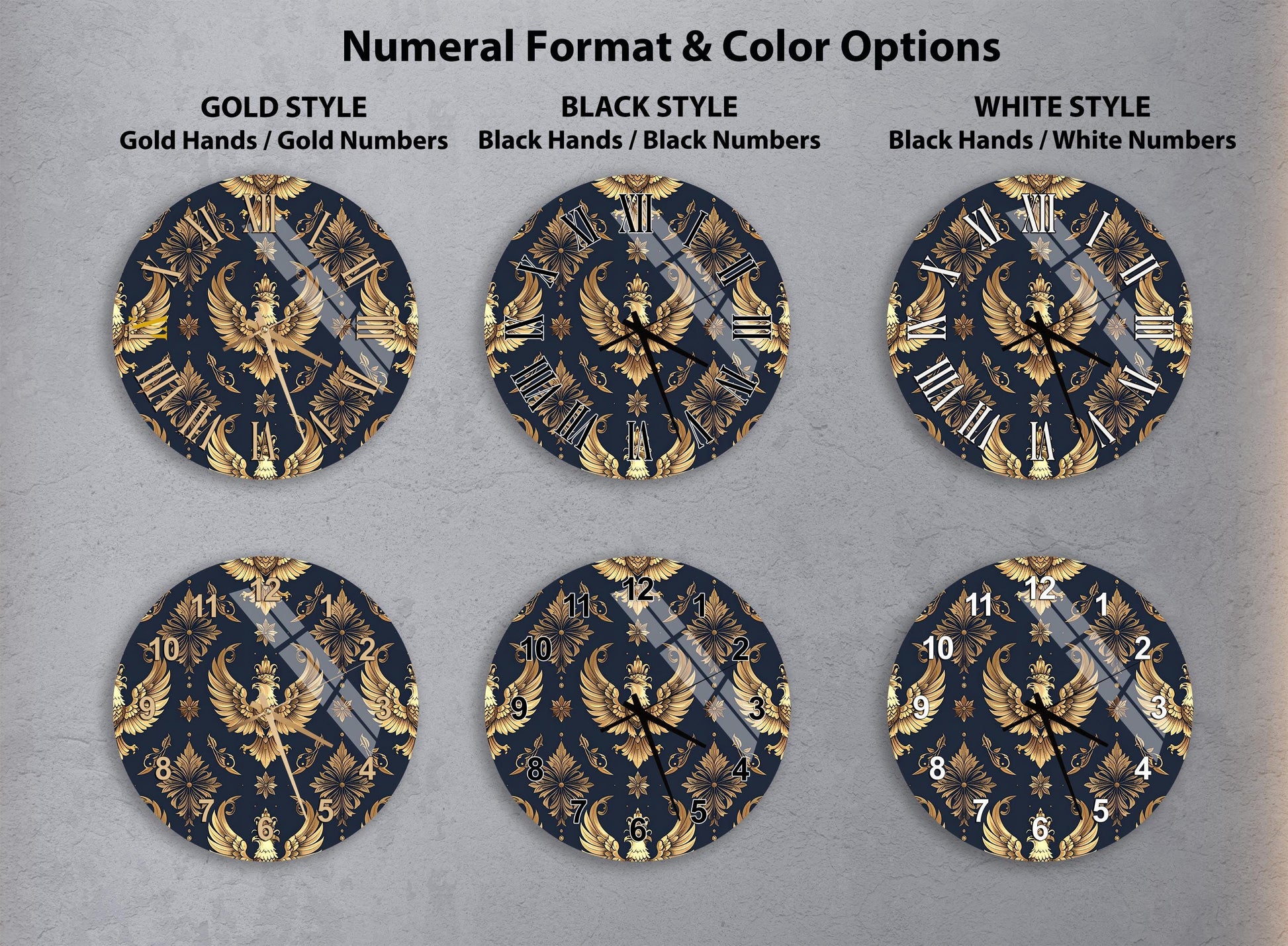 a collection of six wall clocks with different styles and color options, including gold hands and numbers, black hands and numbers, and white hands and numbers.