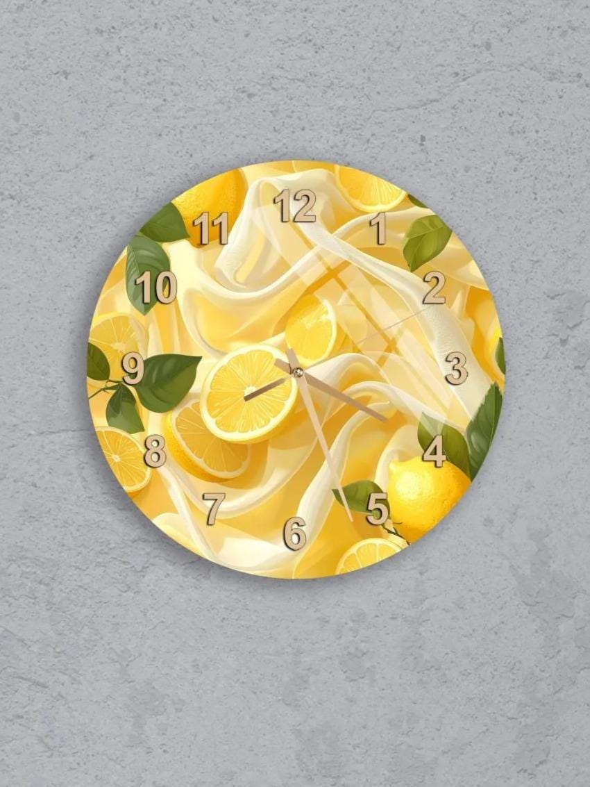 six circular wall clocks with a yellow lemon design on them. Each clock has a unique arrangement of lemon slices and numbers, creating a visually appealing and creative design.