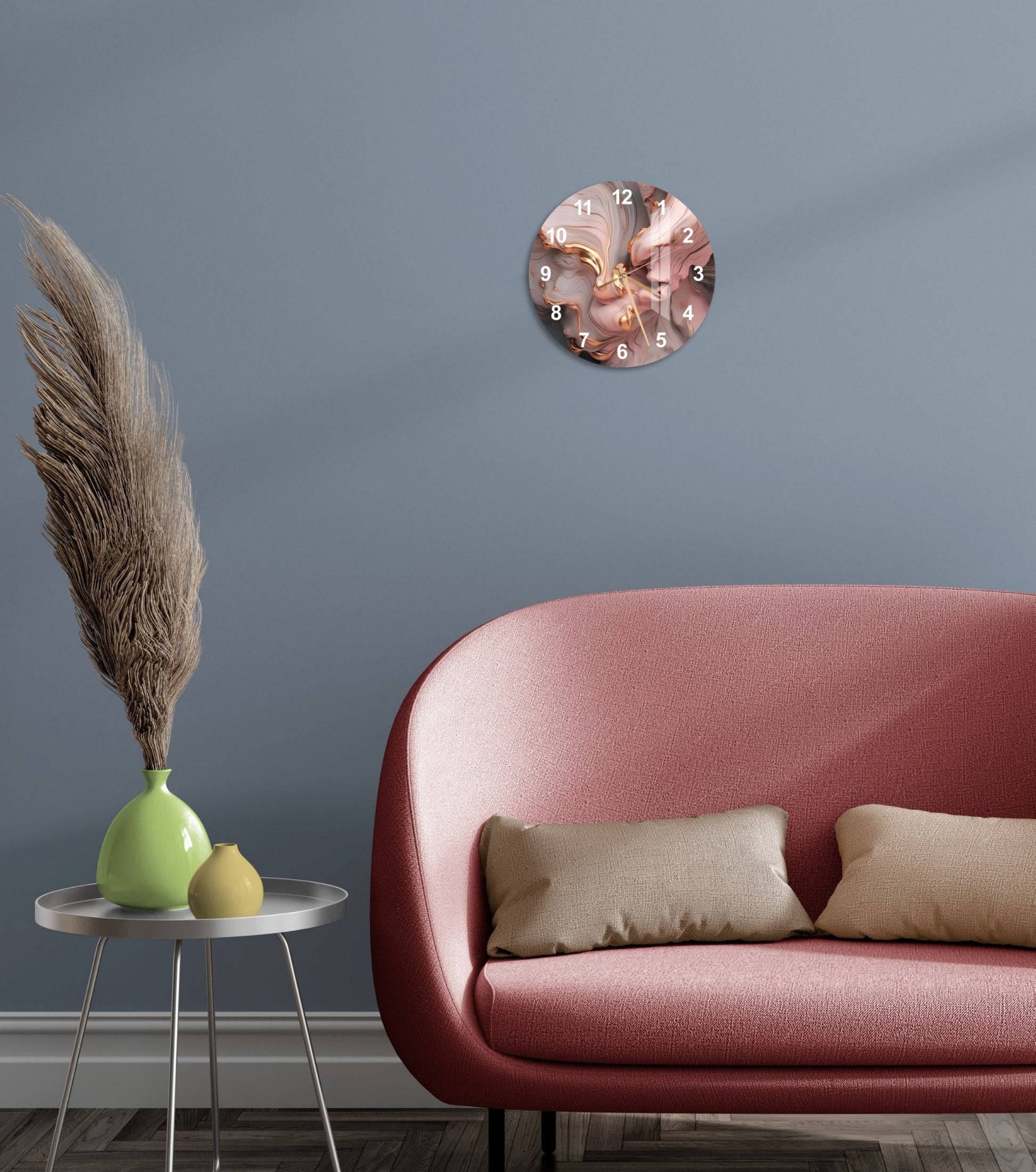 a living room with a couch and a clock on the wall