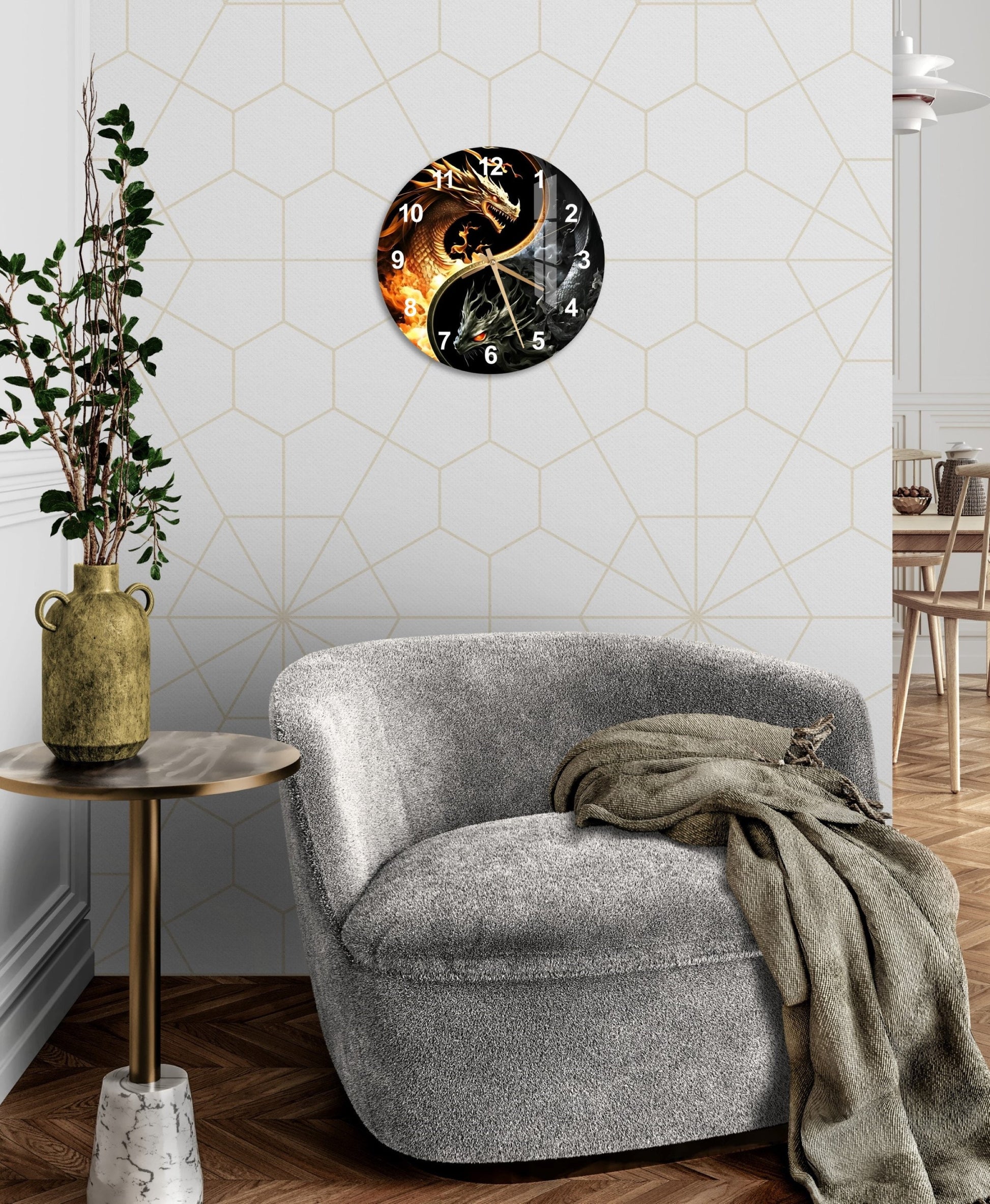 a living room with a couch and a clock on the wall