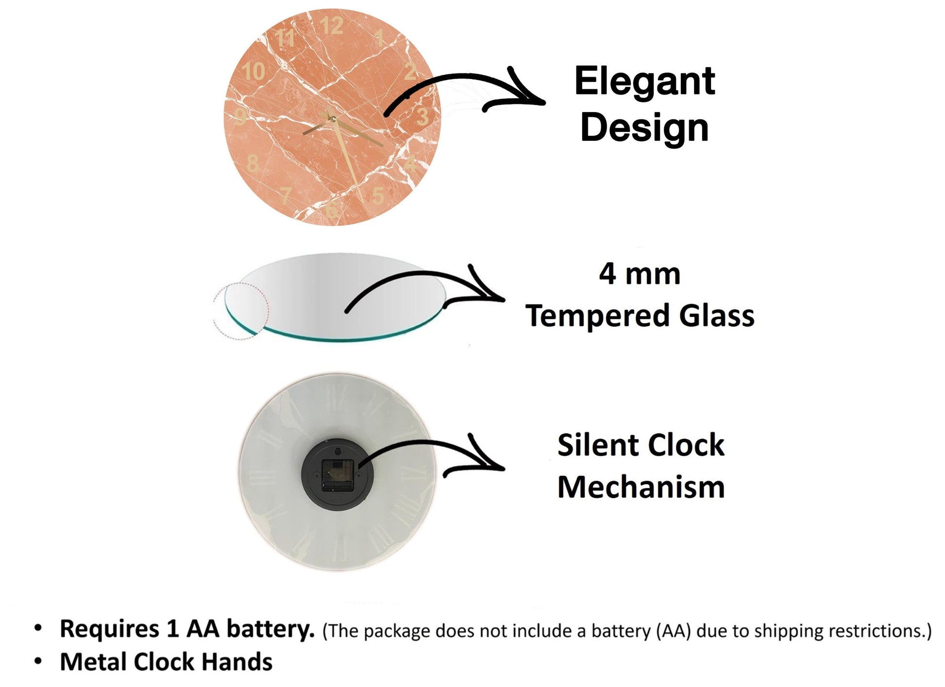 The image is a diagram that illustrates the features of a clock, including the type of glass used, the mechanism, and the battery requirements.