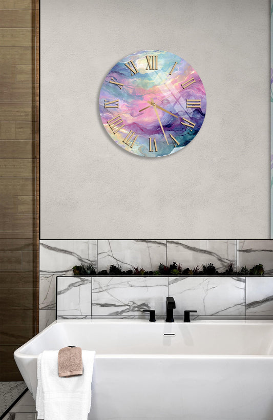 Pastel Swirl Wall Clock – Tempered Glass, Modern Abstract Art, Colorful Decor