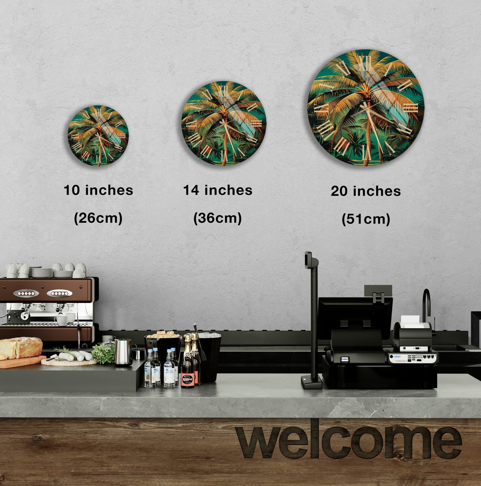 a coffee shop counter with three coffee machines