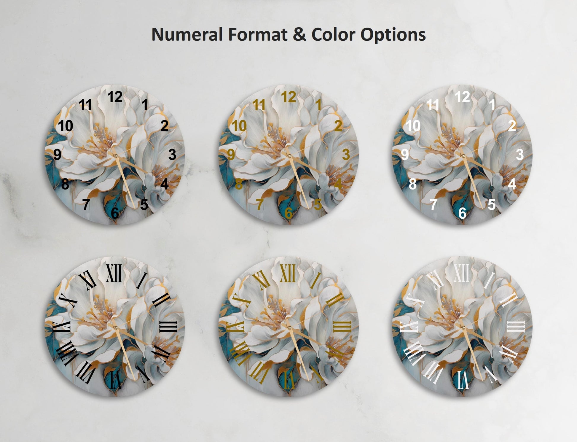 a set of four clocks with flowers on them