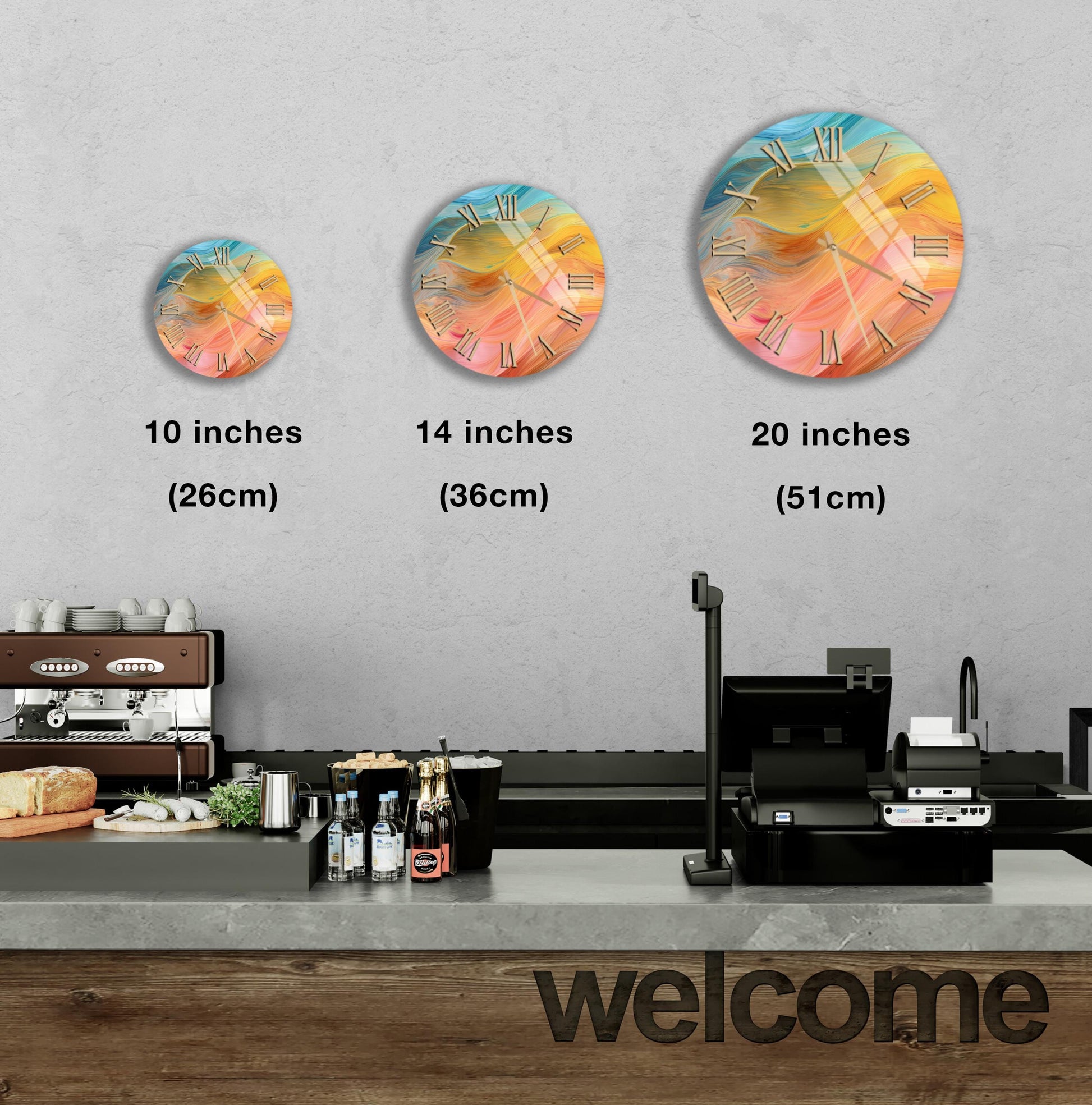 a wall clock with three different sizes, ranging from 10 inches to 20 inches, and a counter with a cash register and various items on it.