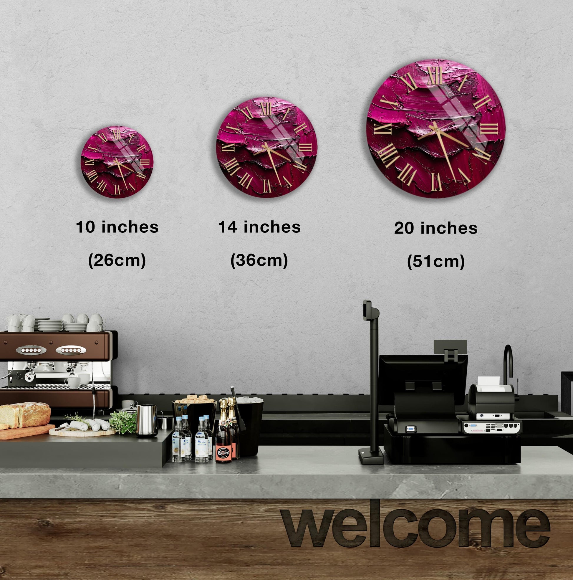 a wall clock with three different sizes, ranging from 10 inches to 20 inches, and a counter with a cash register and various items on it.