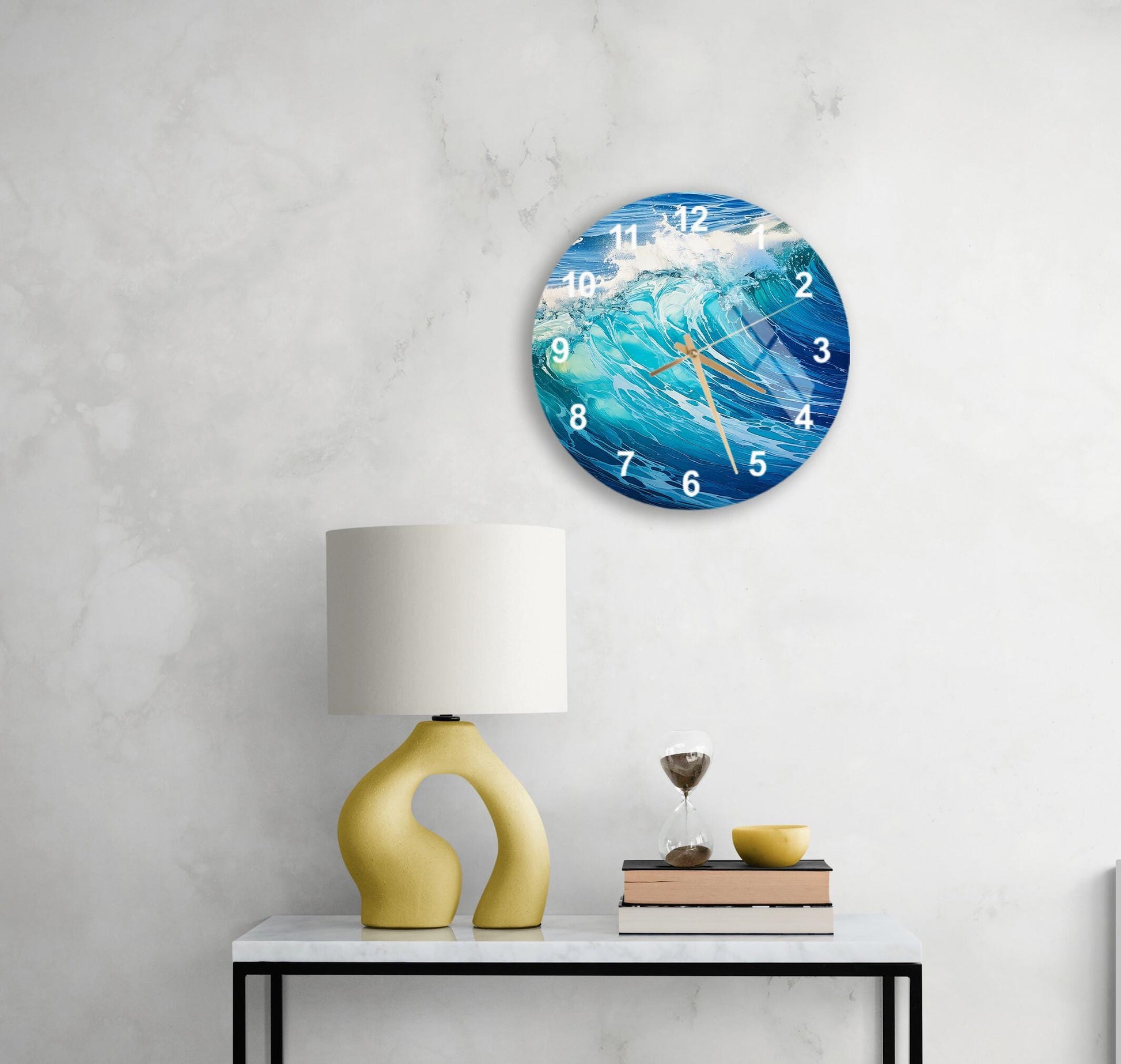 a clock on a wall above a table with a lamp